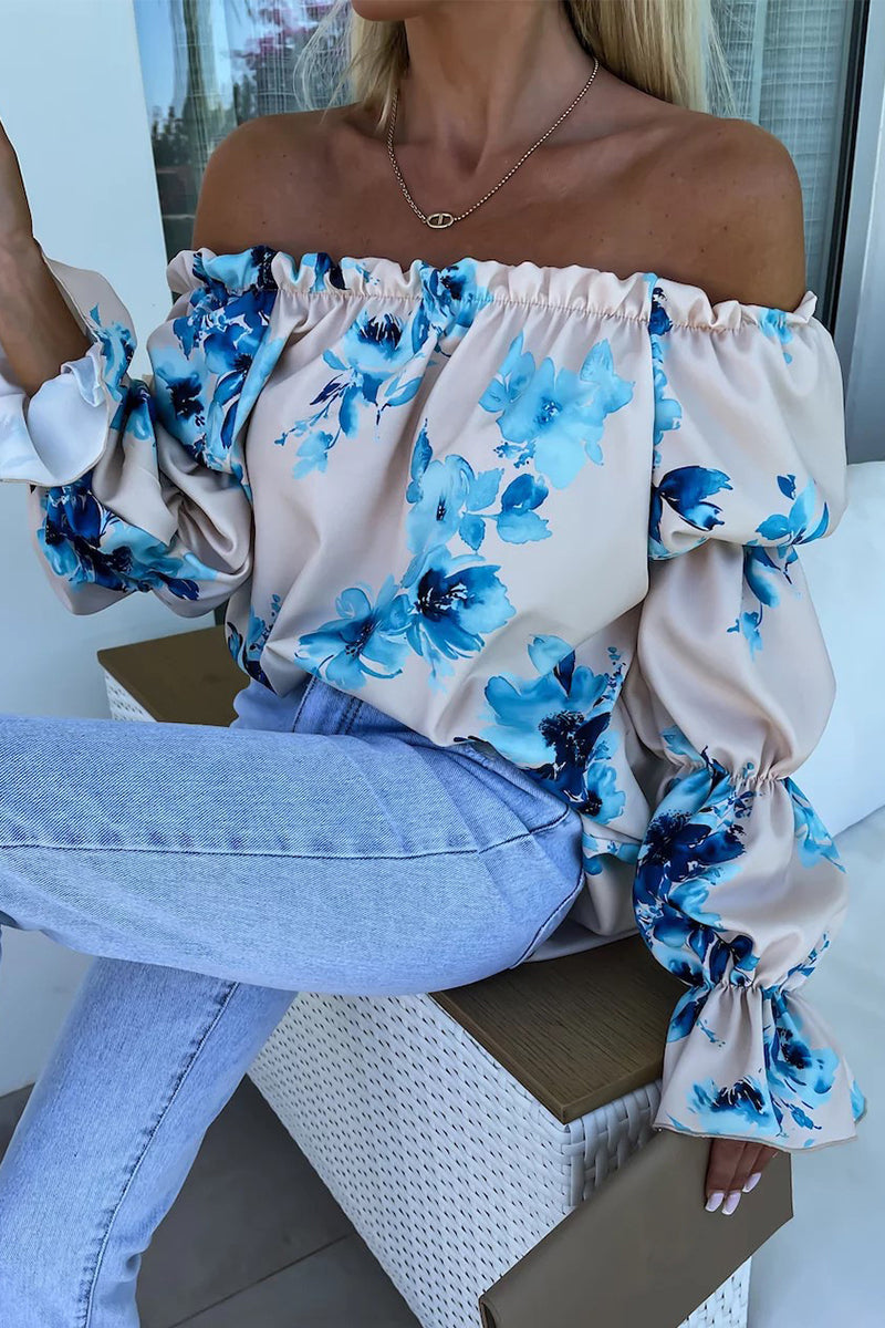 Blusa sexy con estampado de flores, hombros descubiertos y pliegues en contraste