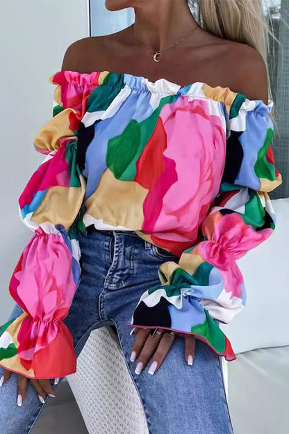 Blusa sexy con estampado de flores y hombros descubiertos en contraste (3 colores)