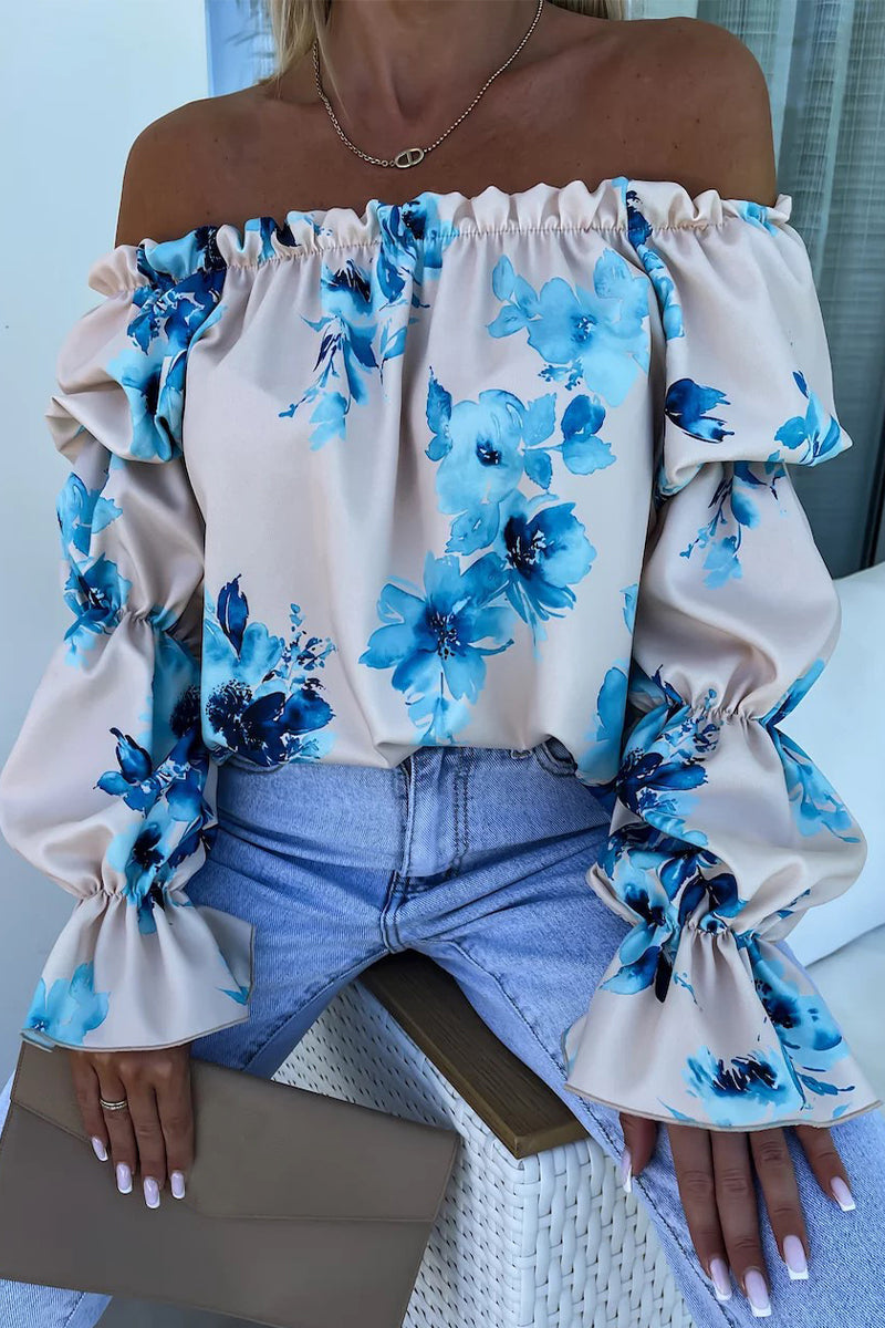 Blusa sexy con estampado de flores, hombros descubiertos y pliegues en contraste