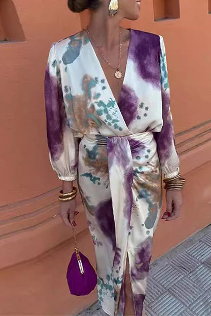 Conjunto de dos piezas vintage elegante con estampado geométrico, abertura, cuello en V, manga larga