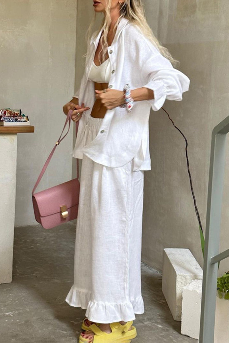Conjunto informal de dos piezas con cuello vuelto, manga larga y volantes con hebilla sólida