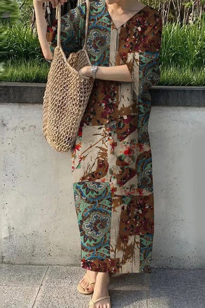 Vestidos casuales vintage con estampado geométrico y cuello en V