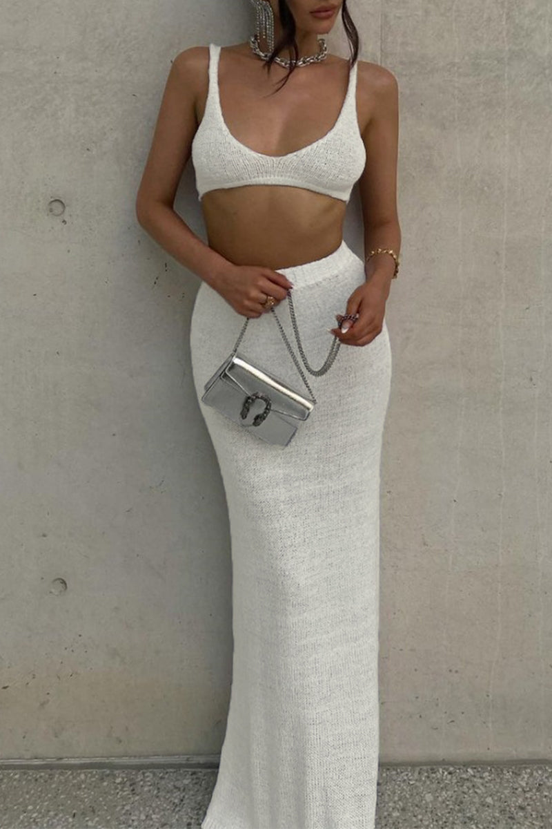 Traje de baño de dos piezas sexy de tejido liso con cuello en U y sin mangas