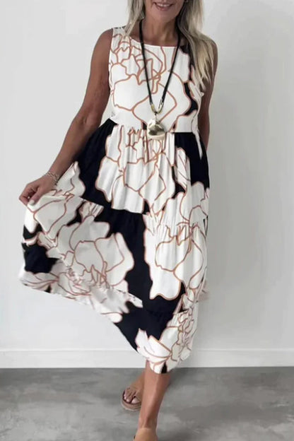 Vestidos casuales vintage con estampado de flores y patchwork, cuello redondo y sin mangas