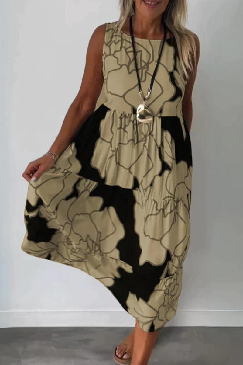 Vestidos casuales vintage con estampado de flores y patchwork, cuello redondo y sin mangas