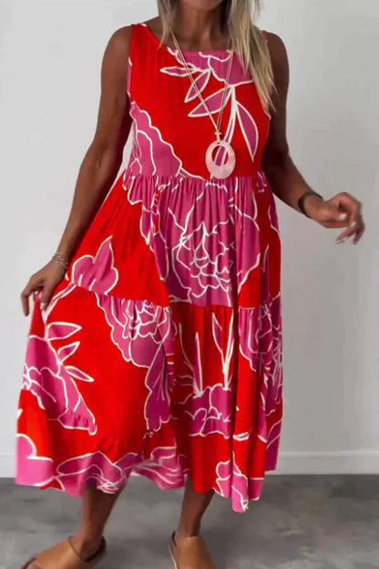 Vestidos casuales vintage con estampado de flores y patchwork, cuello redondo y sin mangas