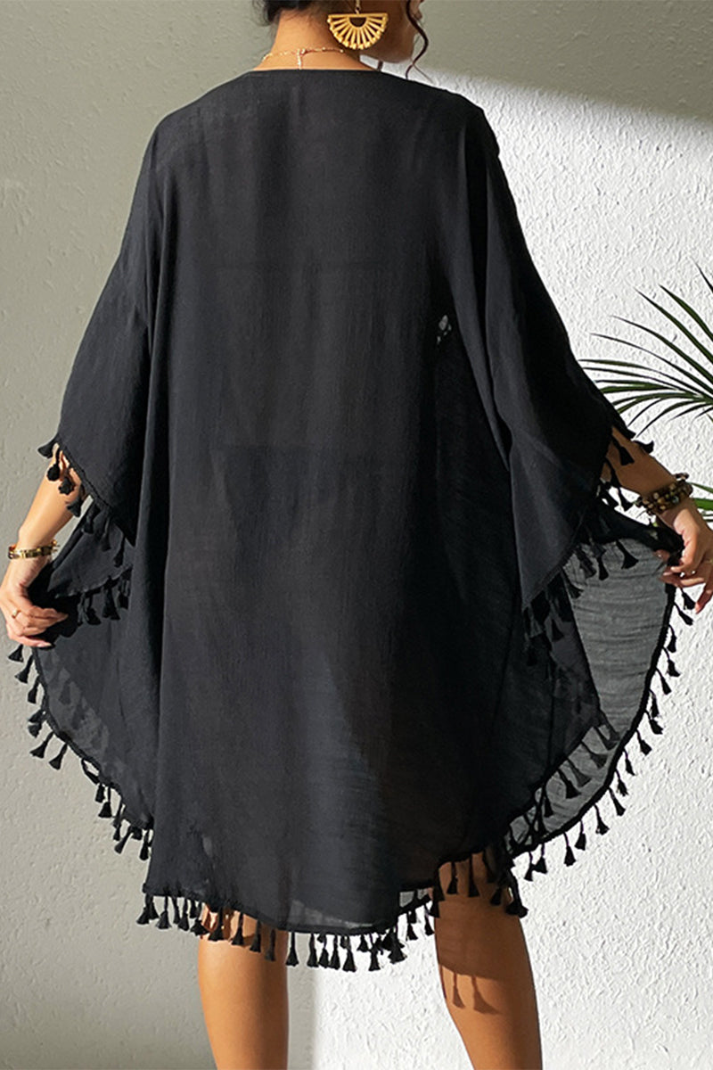 Traje de baño sexy de vacaciones con borlas y ganchos sólidos y ahuecado