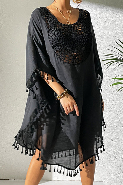 Traje de baño sexy de vacaciones con borlas y ganchos sólidos y ahuecado