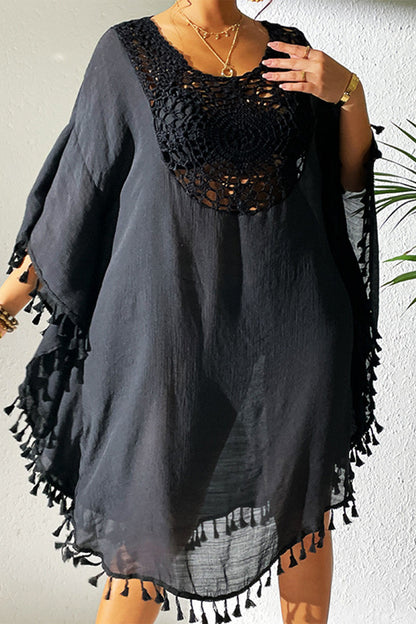 Traje de baño sexy de vacaciones con borlas y ganchos sólidos y ahuecado