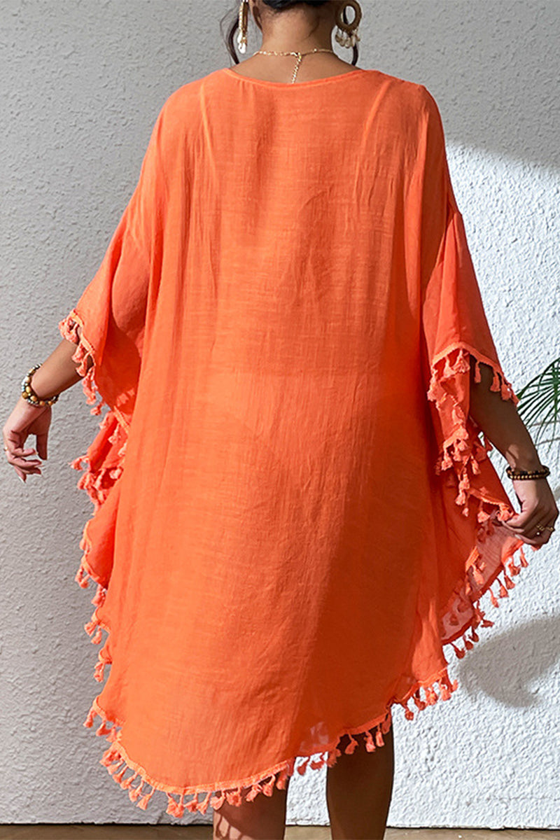 Traje de baño sexy de vacaciones con borlas y ganchos sólidos y ahuecado