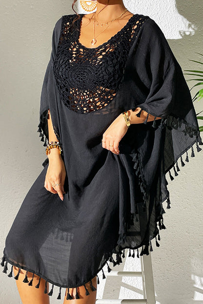 Traje de baño sexy de vacaciones con borlas y ganchos sólidos y ahuecado