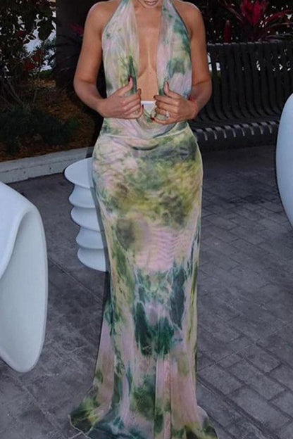 Conjunto de dos piezas sin mangas con cuello de bufanda, espalda descubierta y estampado de cambio gradual sexy