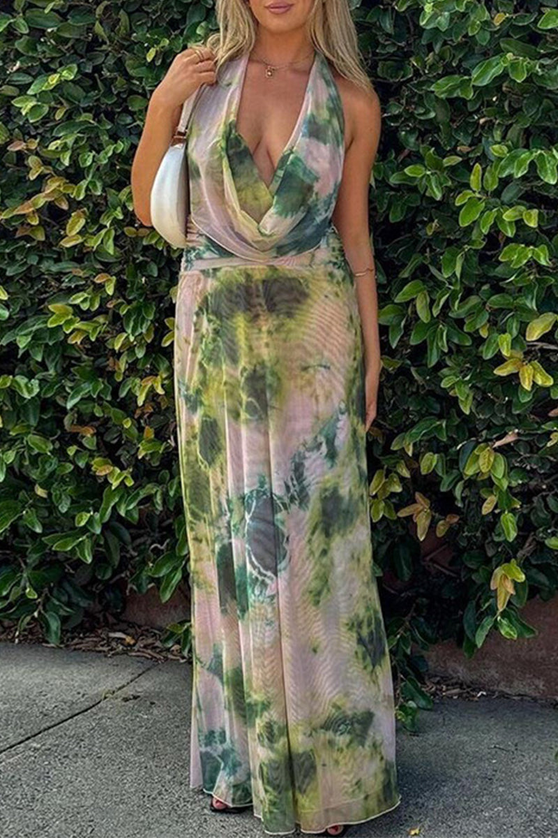 Conjunto de dos piezas sin mangas con cuello de bufanda, espalda descubierta y estampado de cambio gradual sexy