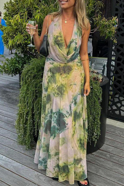 Conjunto de dos piezas sin mangas con cuello de bufanda, espalda descubierta y estampado de cambio gradual sexy