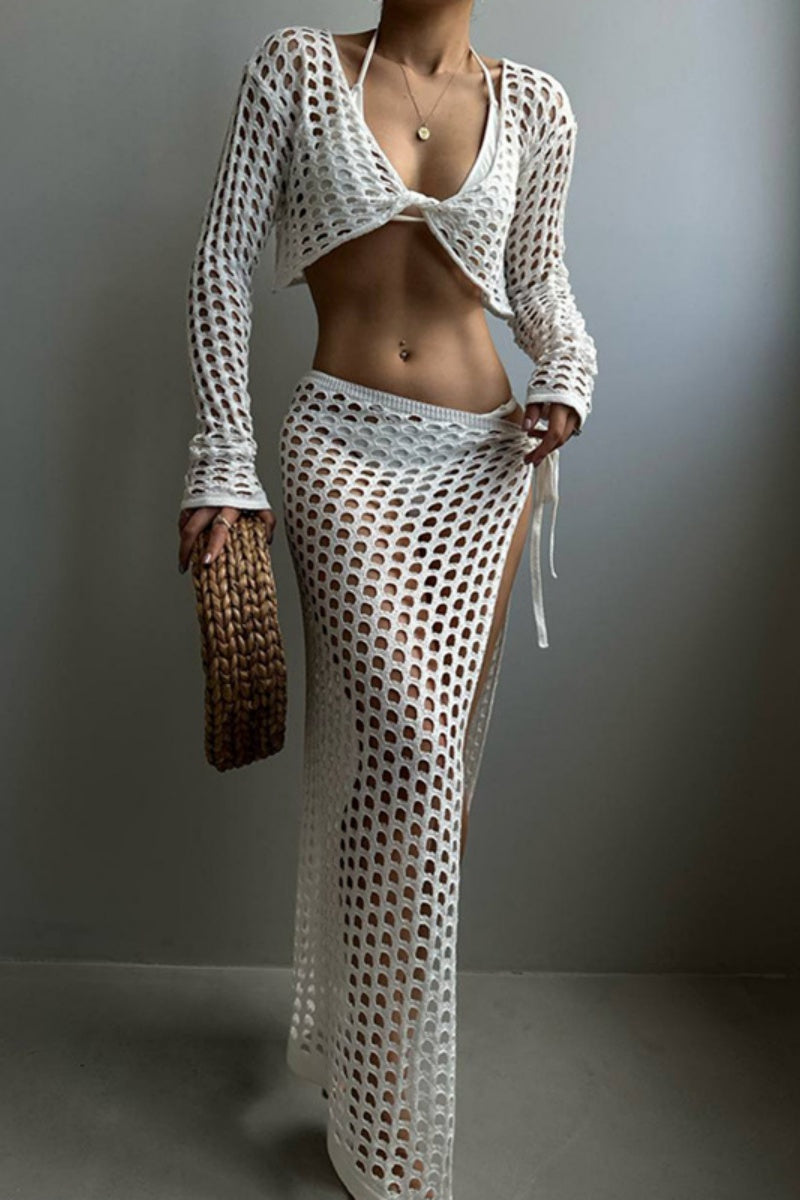 Conjunto de dos piezas sexy de manga larga con escote en V y abertura en el frenillo, color sólido y ahuecado