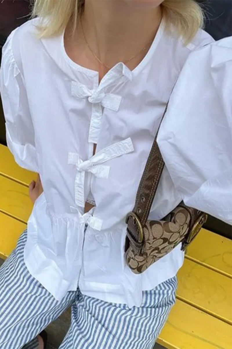 Tops casuales de simplicidad sólida con frenillo y cuello redondo