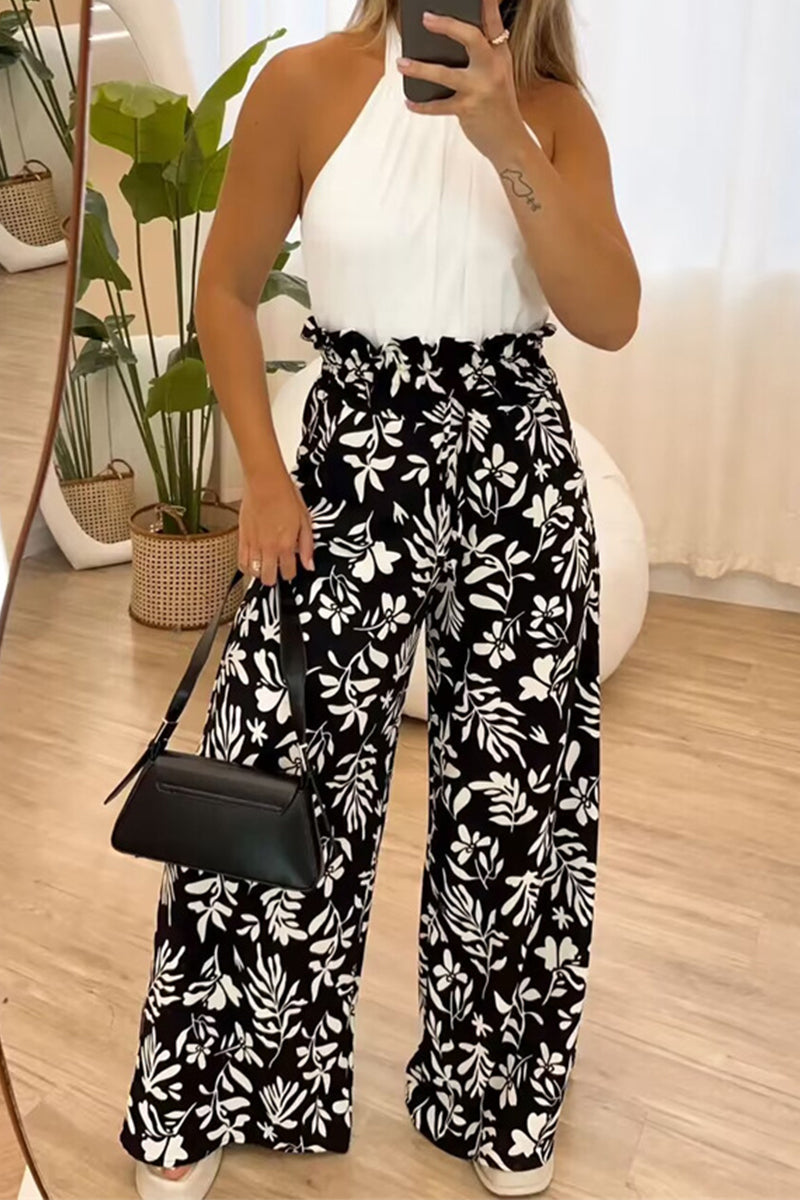 Pantalones casuales vintage con estampado floral, sueltos, de cintura alta y pierna ancha