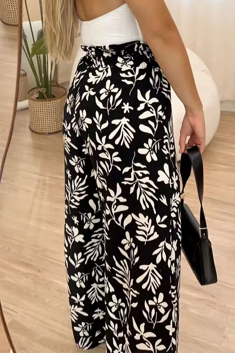 Pantalones casuales vintage con estampado floral, sueltos, de cintura alta y pierna ancha