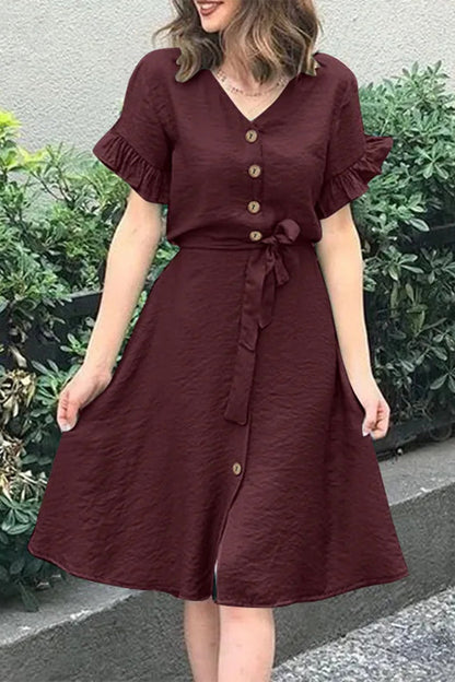 Vestidos casuales sencillos con escote en V, volantes, hebilla y frenillo liso