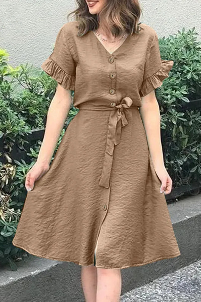 Vestidos casuales sencillos con escote en V, volantes, hebilla y frenillo liso