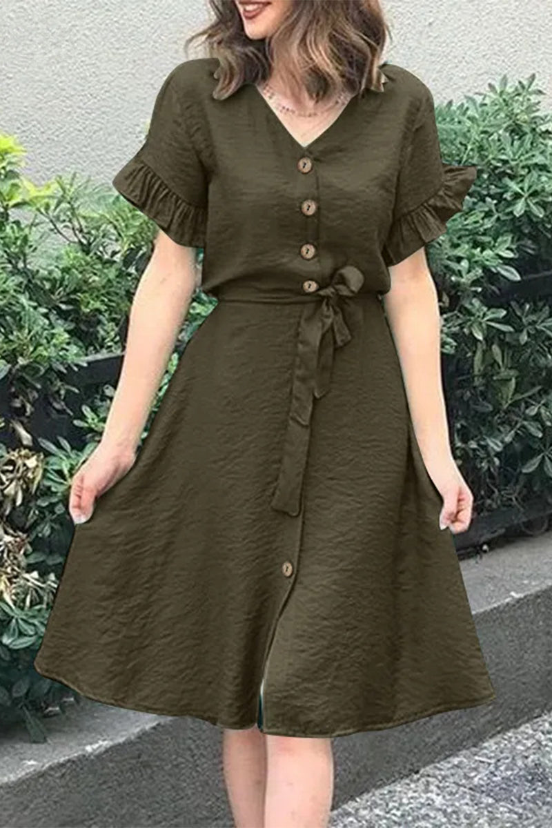 Vestidos casuales sencillos con escote en V, volantes, hebilla y frenillo liso