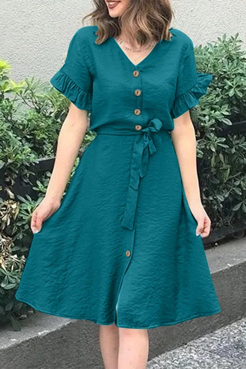 Vestidos casuales sencillos con escote en V, volantes, hebilla y frenillo liso