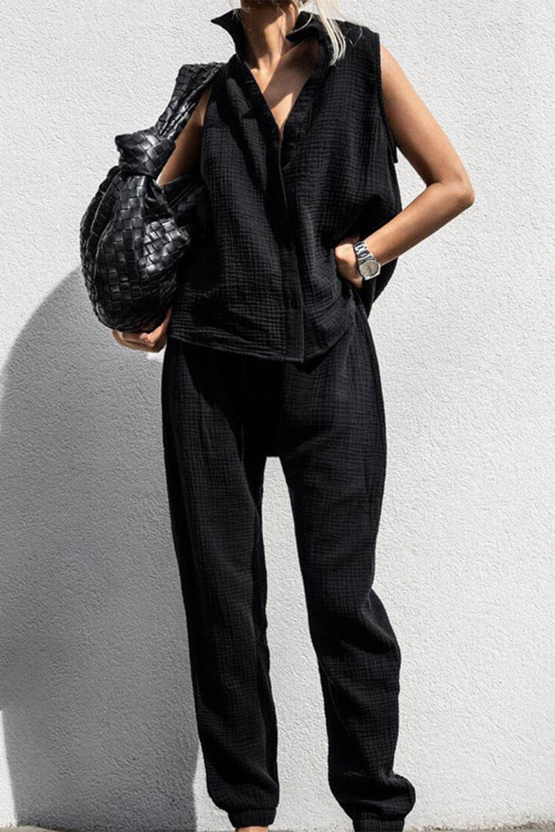 Conjunto informal sencillo de dos piezas, liso, con cordón ajustable, escote en V y sin mangas