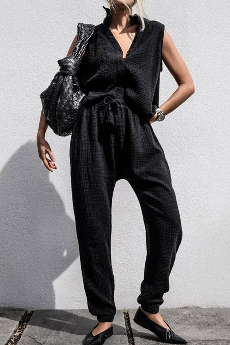 Conjunto informal sencillo de dos piezas, liso, con cordón ajustable, escote en V y sin mangas