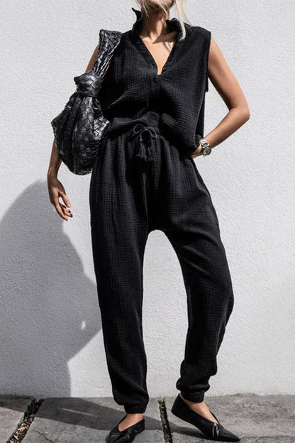 Conjunto informal sencillo de dos piezas, liso, con cordón ajustable, escote en V y sin mangas