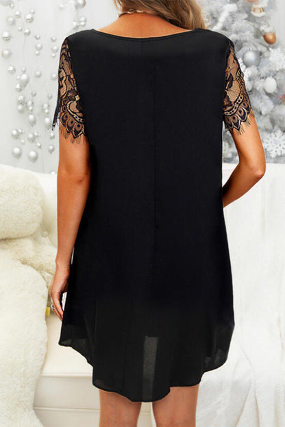 Vestidos casuales de manga corta con escote en V y lentejuelas de encaje liso