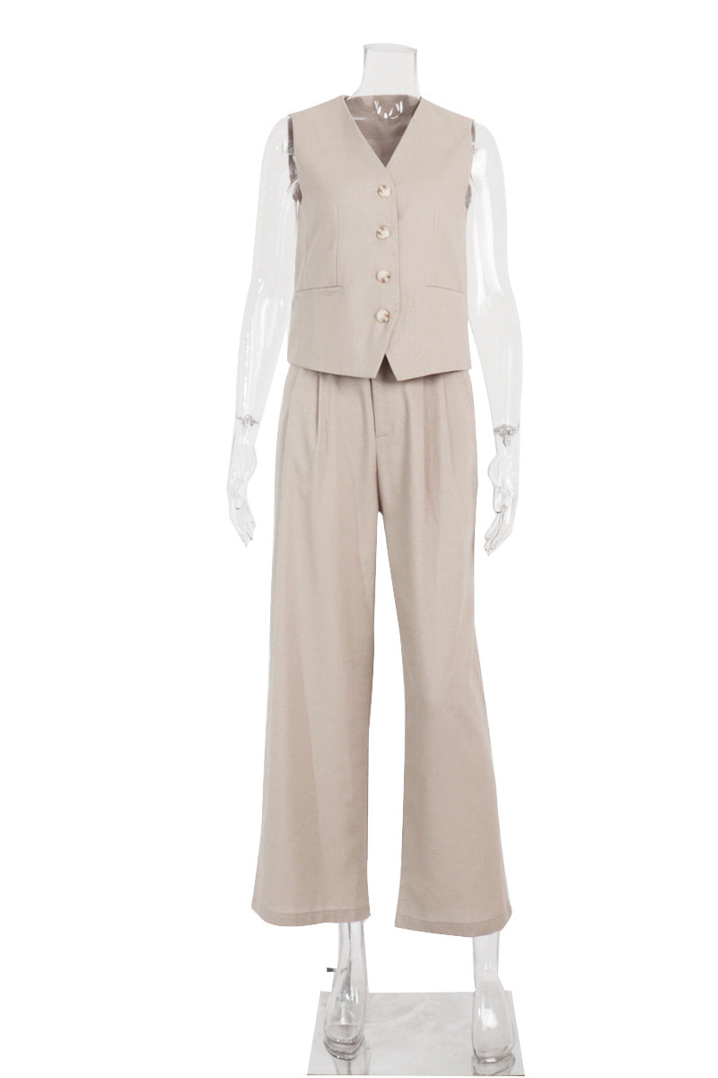 Conjunto informal de dos piezas con cuello en V, sin mangas, estilo británico, con hebilla sólida (3 colores)