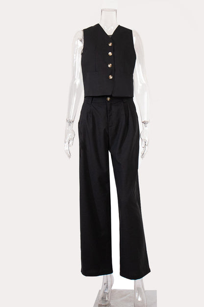 Conjunto informal de dos piezas con cuello en V, sin mangas, estilo británico, con hebilla sólida (3 colores)