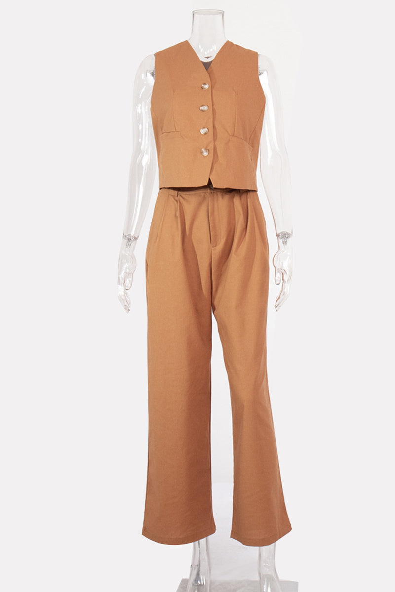 Conjunto informal de dos piezas con cuello en V, sin mangas, estilo británico, con hebilla sólida (3 colores)