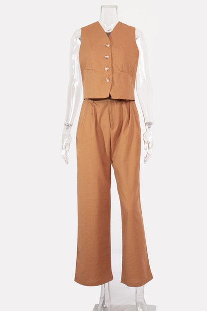 Conjunto informal de dos piezas con cuello en V, sin mangas, estilo británico, con hebilla sólida (3 colores)