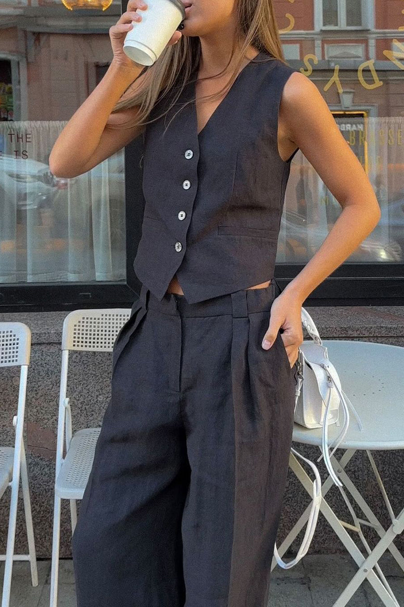 Conjunto informal de dos piezas con cuello en V, sin mangas, estilo británico, con hebilla sólida (3 colores)