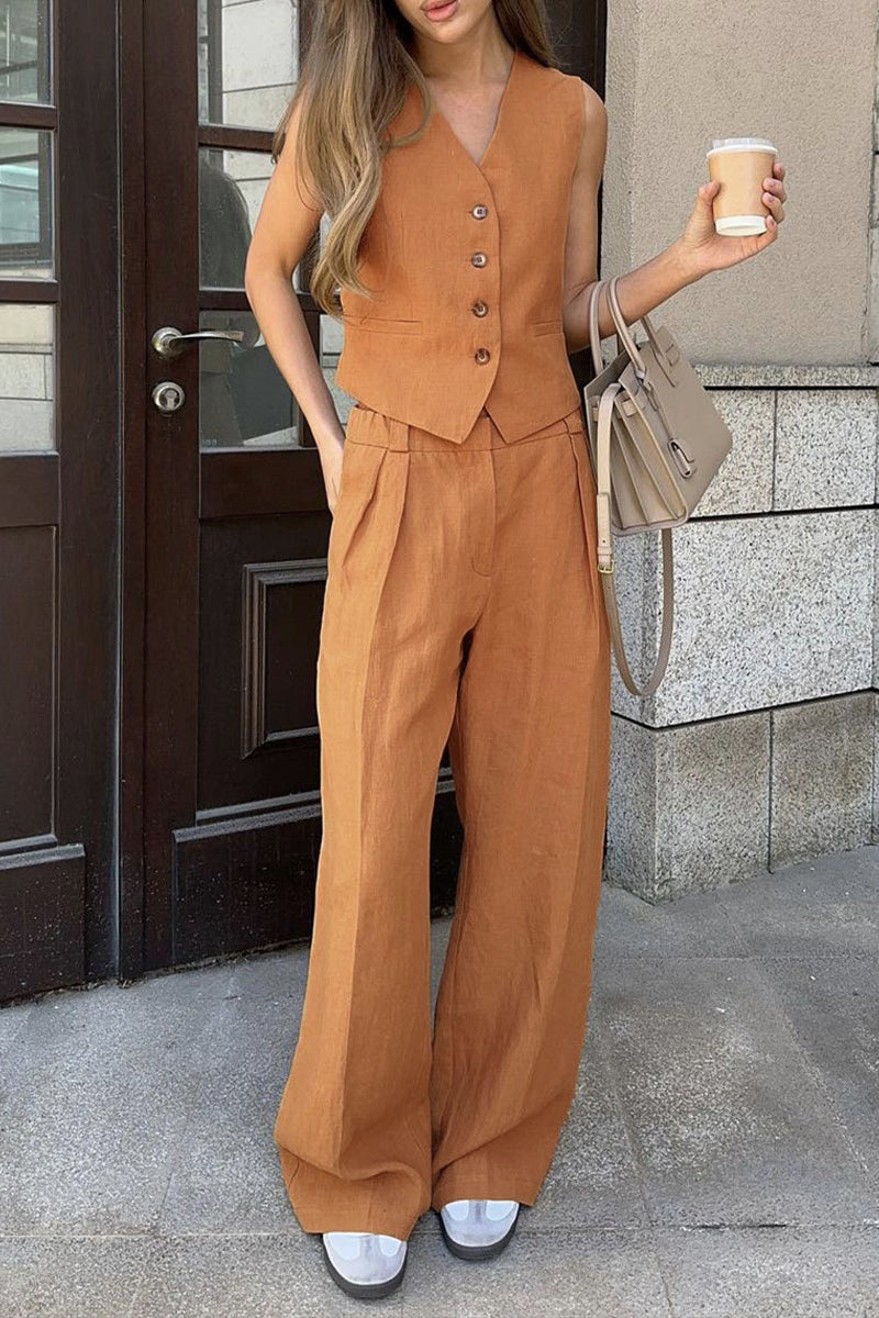 Conjunto informal de dos piezas con cuello en V, sin mangas, estilo británico, con hebilla sólida (3 colores)