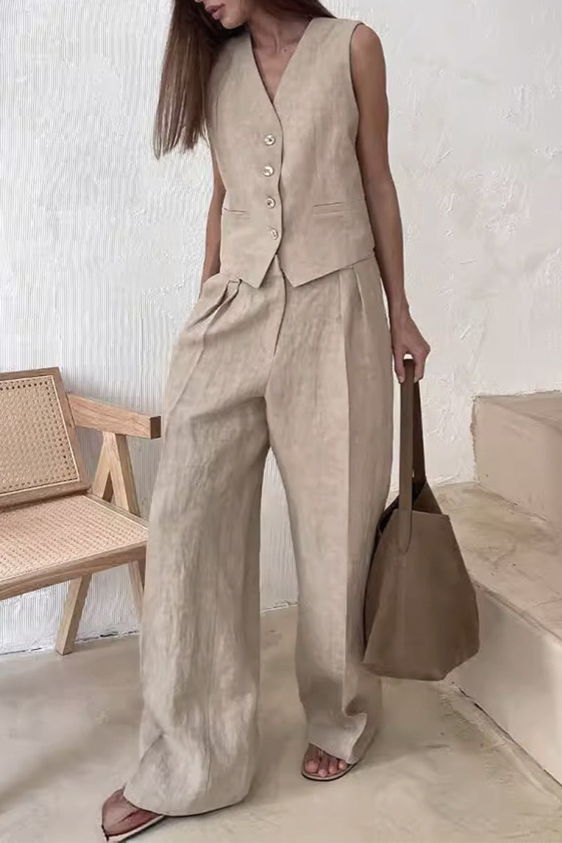 Conjunto informal de dos piezas con cuello en V, sin mangas, estilo británico, con hebilla sólida (3 colores)