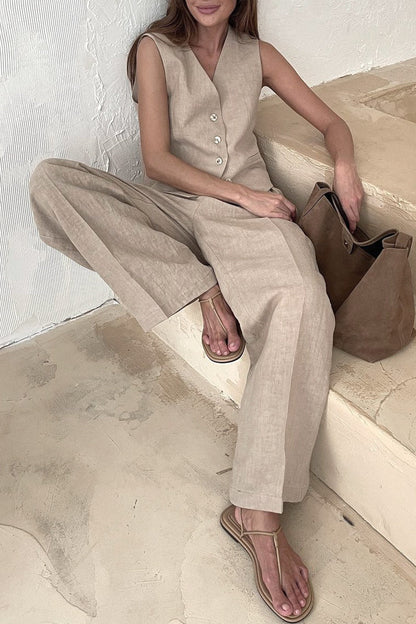 Conjunto informal de dos piezas con cuello en V, sin mangas, estilo británico, con hebilla sólida (3 colores)