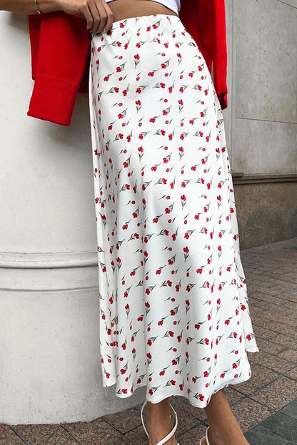 Elegante pantalón tipo A de cintura alta con estampado de frutas y estampado completo