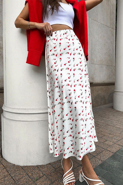 Elegante pantalón tipo A de cintura alta con estampado de frutas y estampado completo