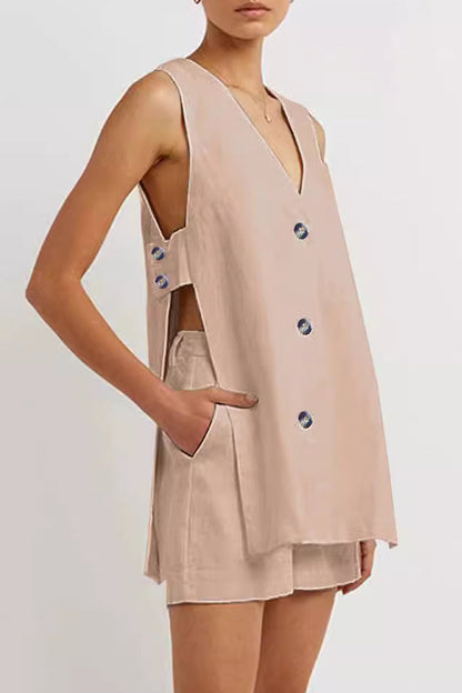 Conjunto informal de dos piezas estilo británico con cuello en V, sin mangas, con bolsillos y hebilla (3 colores)