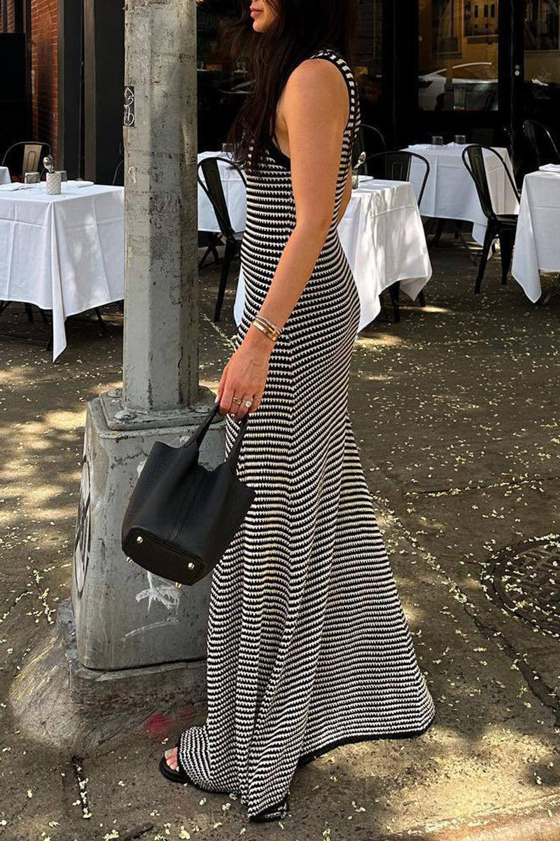 Vestidos playeros sexis de cuello redondo y cuadros ahuecados para vacaciones