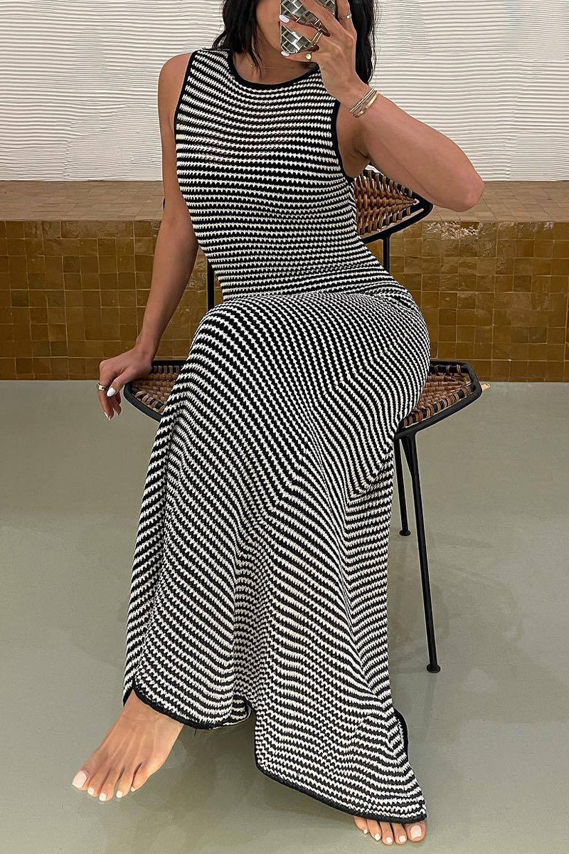 Vestidos playeros sexis de cuello redondo y cuadros ahuecados para vacaciones