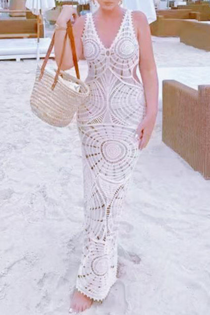 Vestidos de playa sexys con escote en V, ahuecados, con flores y ganchos lisos para vacaciones