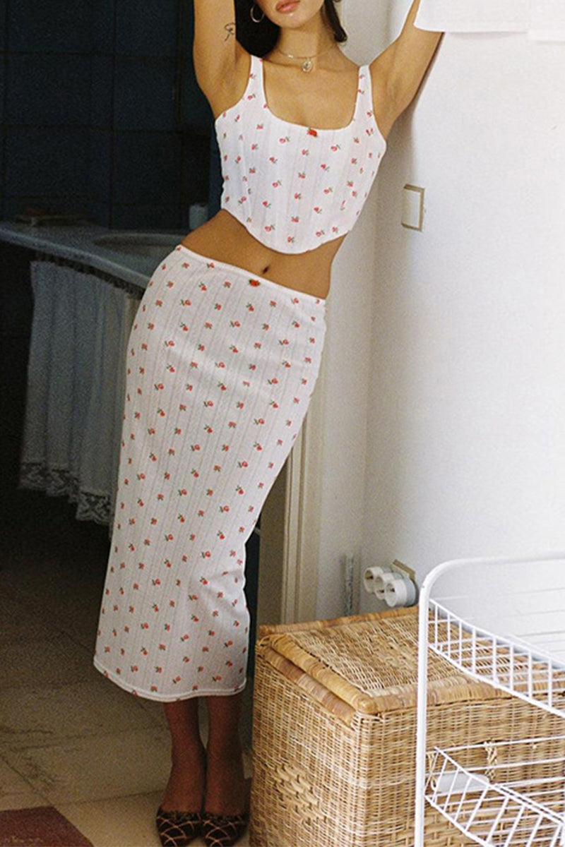 Conjunto de dos piezas sin mangas con escote en U, espalda descubierta y estampado de flores elegante y dulce