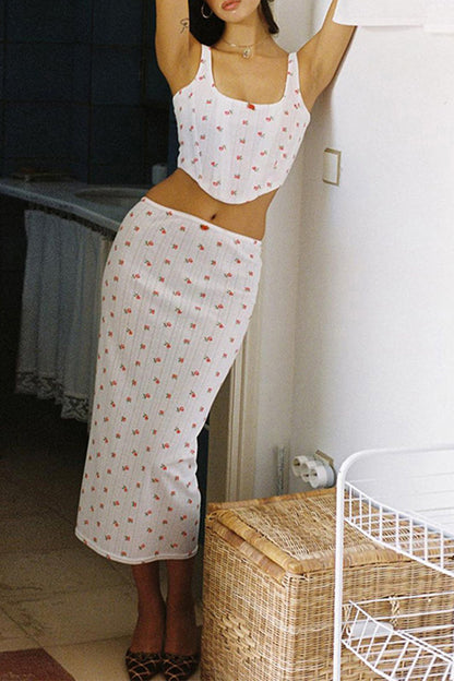 Conjunto de dos piezas sin mangas con escote en U, espalda descubierta y estampado de flores elegante y dulce