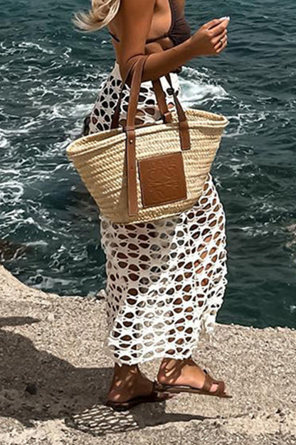 Pantalones de vacaciones sexys de color sólido, holgados, de cintura alta, transparentes y ahuecados