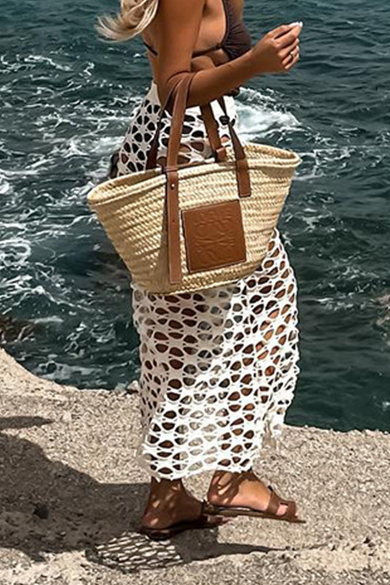 Pantalones de vacaciones sexys de color sólido, holgados, de cintura alta, transparentes y ahuecados