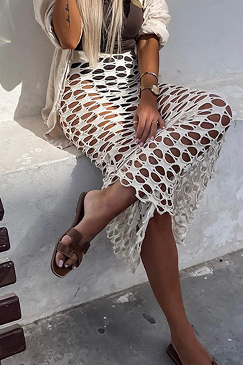 Pantalones de vacaciones sexys de color sólido, holgados, de cintura alta, transparentes y ahuecados