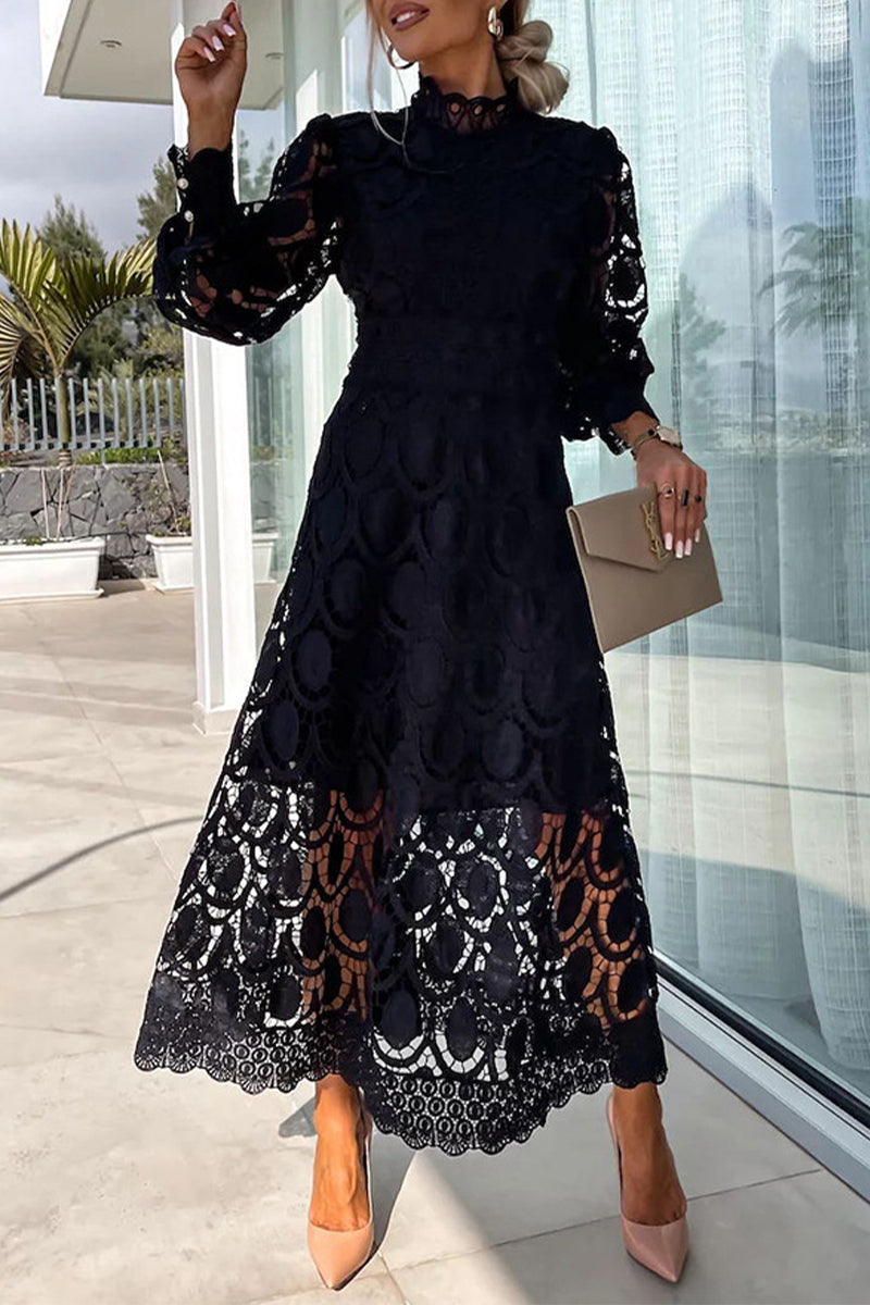 Vestidos elegantes de celebridades con falda de cuello alto, de cintura media y ahuecada (4 colores)